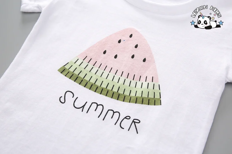 LEZONKIDS - Conjunto de Roupas de Verão para Meninas de 5-8 Anos com Estampa de Melancia, Camiseta de Manga Curta e Shorts, 2 Peças, Conjuntos de Roupas para Crianças